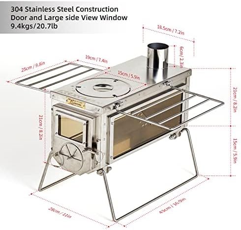 Camping Tent Wood Stove with 6 Section Chimney Pipes,Three-View Windows Portable Wood Stove, Ice Fishing Shelters, Hunting, Outdoor Cooking Heavy Gauge 304 Stainless Steel