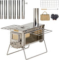 Camping Tent Wood Stove with 6 Section Chimney Pipes,Three-View Windows Portable Wood Stove, Ice Fishing Shelters, Hunting, Outdoor Cooking Heavy Gauge 304 Stainless Steel