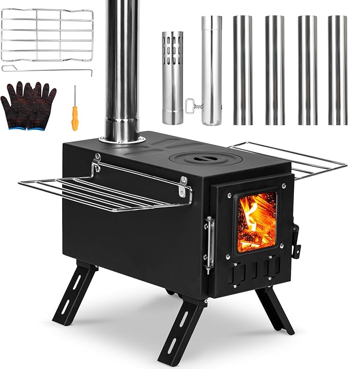 Wood Stove Wood Burning Stove Hot Tent Stove, Stainless Steel Portable Camping Stove with Oven & Base and 6 Chimney Pipe for Outdoor, Camping, Cooking, Tents, Car Travel